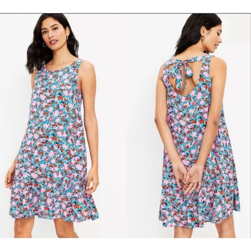 Loft Small Petite Daisy Tie Back Ruffle Dress Floral Flowy Sleeveless blue pink
